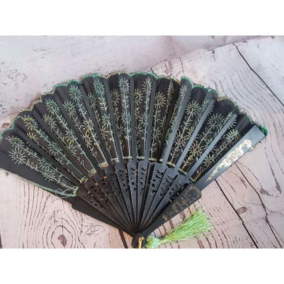 Peacock Emerald Green Embroidered Fabric Folds Handheld Fan Sequin Party Bridal - Picture 5 of 6